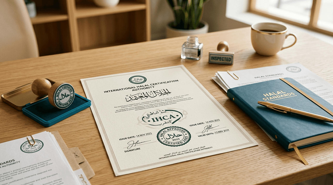 Halal certification documents and official stamps on a professional desk