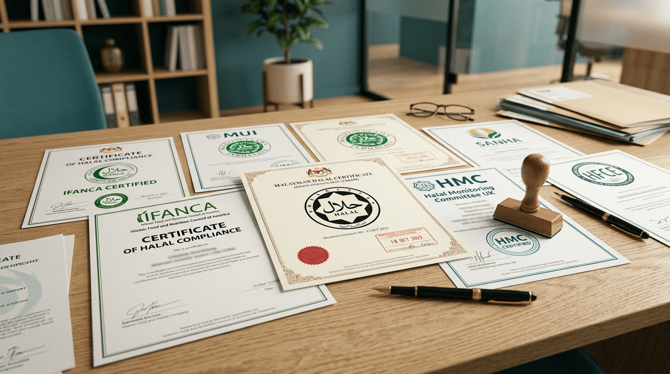 Various halal certification logos from JAKIM, IFANCA, HMC, and MUI on official documents